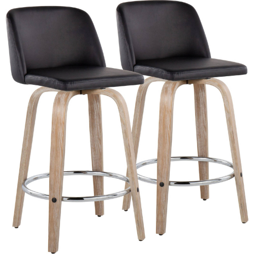 Toriano 26" Swivel Counter Stool in White Washed Wood & Black Leatherette & Chrome (Set of 2)